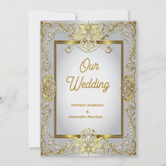 Tarjeta de Invitación de Boda Elegante en Oro y Pl