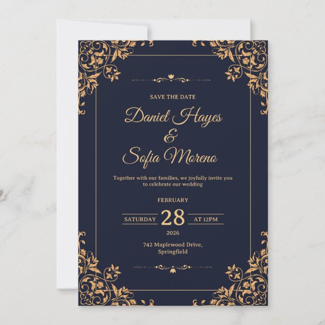 Tarjeta de Invitación de Boda en Oro Personalizada (Anverso)