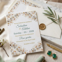 Tarjeta de Invitación de Boda en Verde Salvia y Do