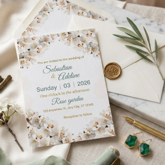 Tarjeta de Invitación de Boda en Verde Salvia y Do