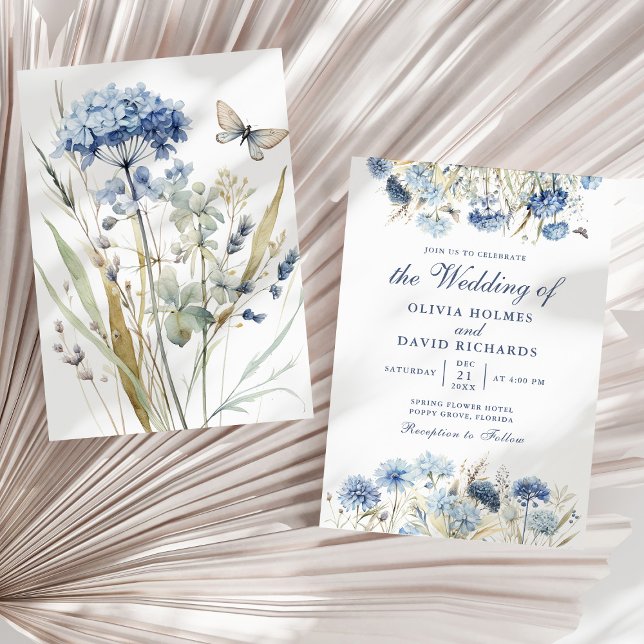 Tarjeta de Invitación de Boda Flor Silvestre Azul (Boho French Blue Wildflower Meadow Wedding Invite on a sunny dry palm leaf.)