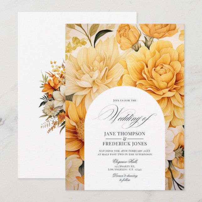 Tarjeta de invitación de boda floral amarilla, nar (Anverso / Reverso)
