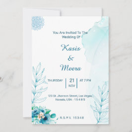 Tarjeta de invitación de boda floral azul acuarela