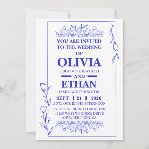 Tarjeta de Invitación de Boda Floral Azul Editable