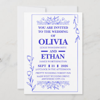 Tarjeta de Invitación de Boda Floral Azul Editable