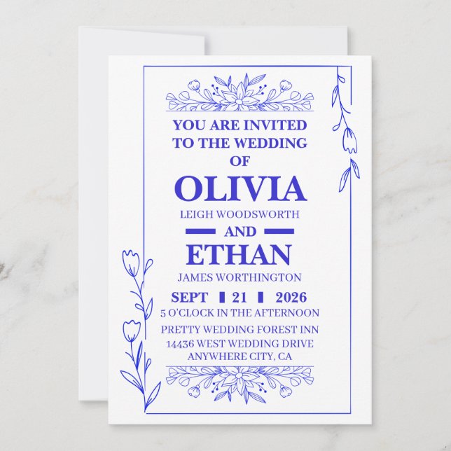 Tarjeta de Invitación de Boda Floral Azul Editable (Anverso)