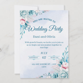 Tarjeta de Invitación de Boda Floral Azul Editable