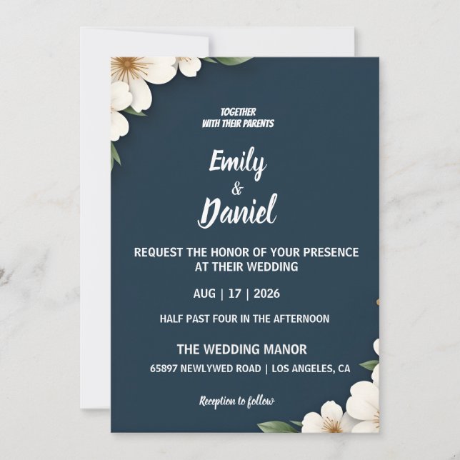 Tarjeta de invitación de boda floral azul marino e (Anverso)