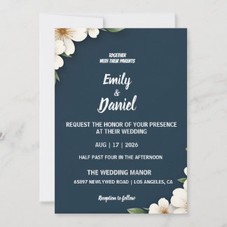 Tarjeta de invitación de boda floral azul marino e