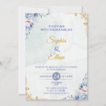 Tarjeta de Invitación de Boda Floral Azul Polvorie