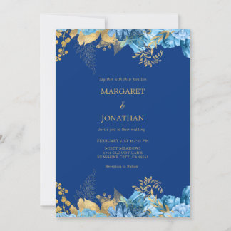 Tarjeta de Invitación de Boda Floral Azul y Dorado