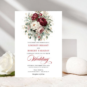 Tarjeta de invitación de boda floral blanca borgoñ