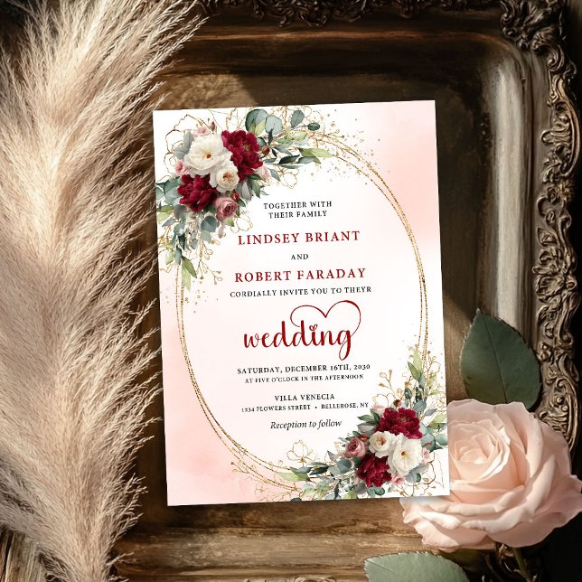 Tarjeta de Invitación de Boda Floral Bohemio Chic  (Burgundy Chic Bohemian Floral Wedding Invitation)