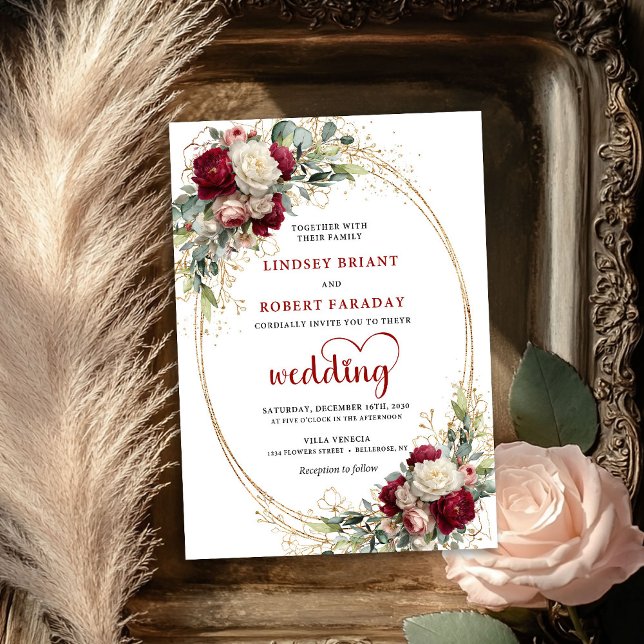 Tarjeta de invitación de boda floral boho con acua (Burgundy Watercolor Boho Floral Wedding Invitation)
