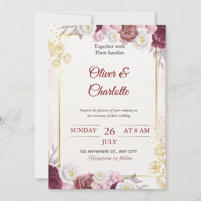 Tarjeta de invitación de boda floral con toque de  (Anverso)