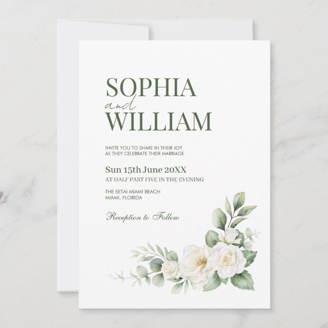 Tarjeta de Invitación de Boda Floral de Rosa Blanc (Anverso)