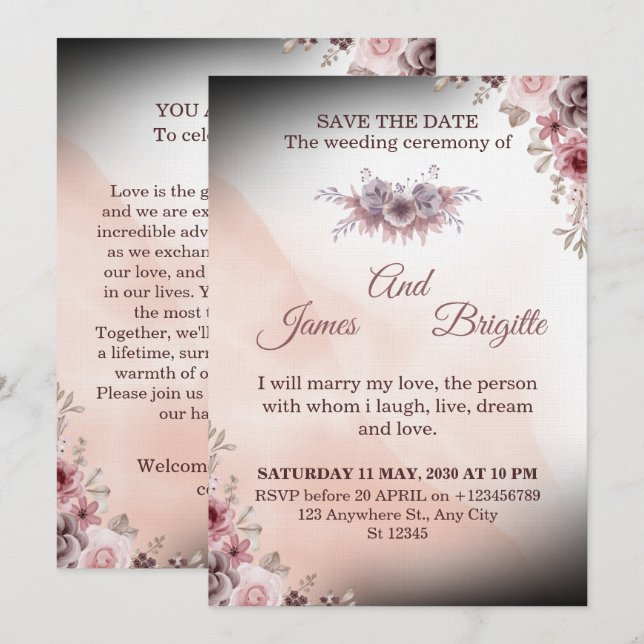 Tarjeta de invitación de boda floral diseño modern (Anverso / Reverso)