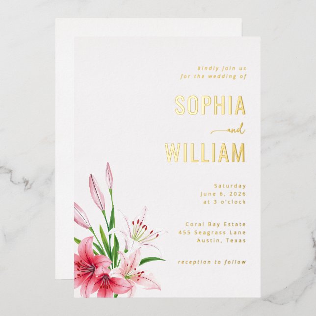 Tarjeta de Invitación de Boda Floral Dorada Elegan (Anverso/Reverso)