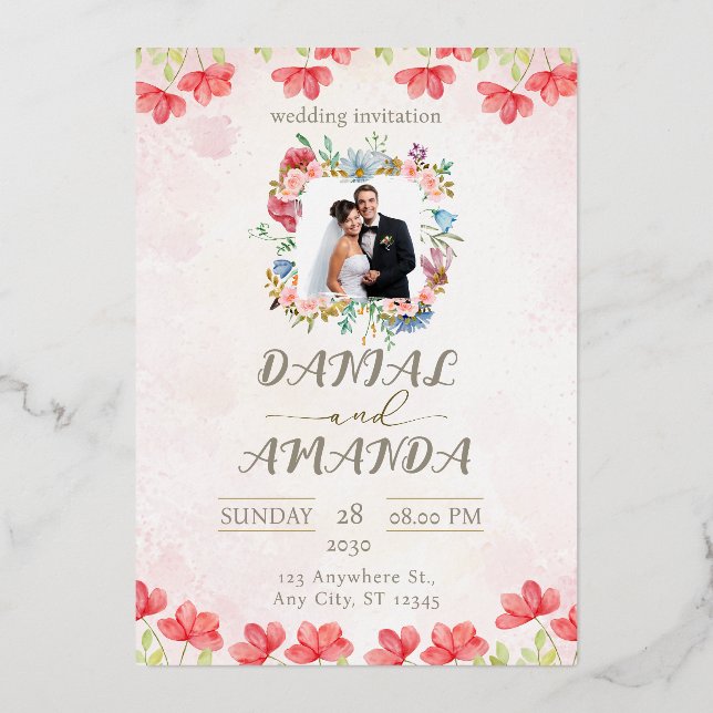 Tarjeta de Invitación de Boda Floral Editable con  (Anverso)