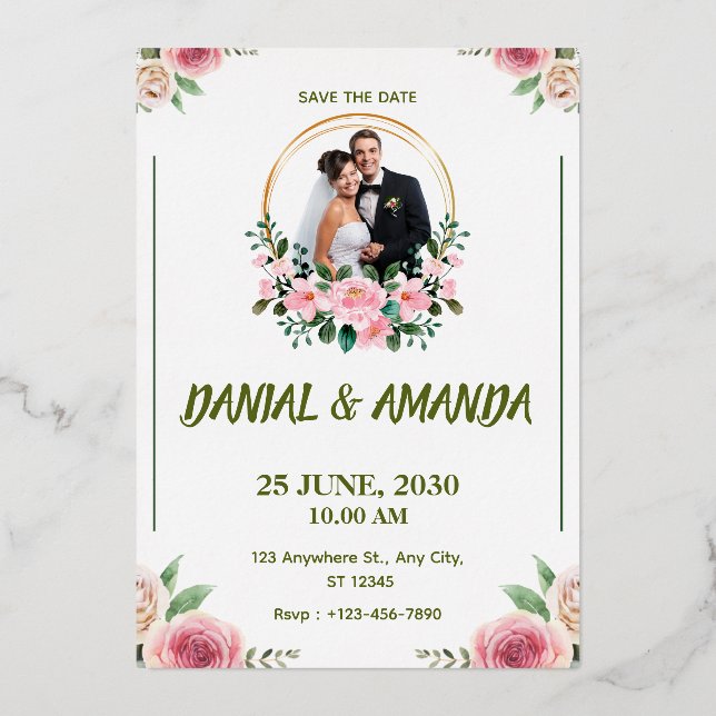 Tarjeta de invitación de boda floral editable para (Anverso)