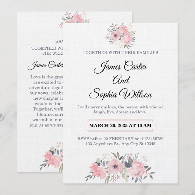 Tarjeta de invitación de boda floral elegante (Anverso / Reverso)