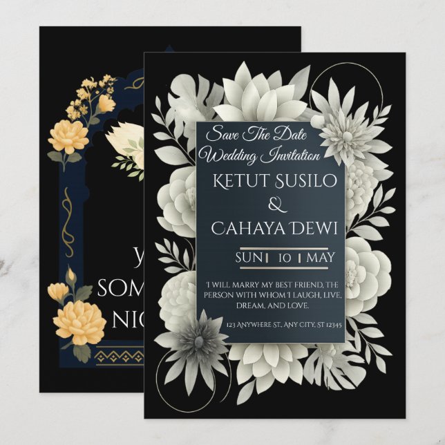 Tarjeta de invitación de boda floral elegante en n (Anverso / Reverso)