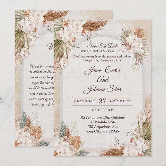 Tarjeta de invitación de boda floral elegante mode (Anverso / Reverso)