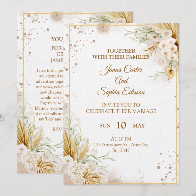 Tarjeta de invitación de boda floral elegante – Ta (Anverso / Reverso)
