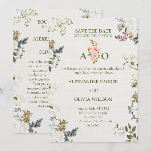 Tarjeta de Invitación de Boda Floral Elegante – Ta (Anverso / Reverso)