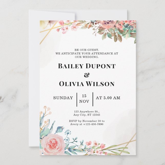 Tarjeta de Invitación de Boda Floral en Acuarela C (Anverso)