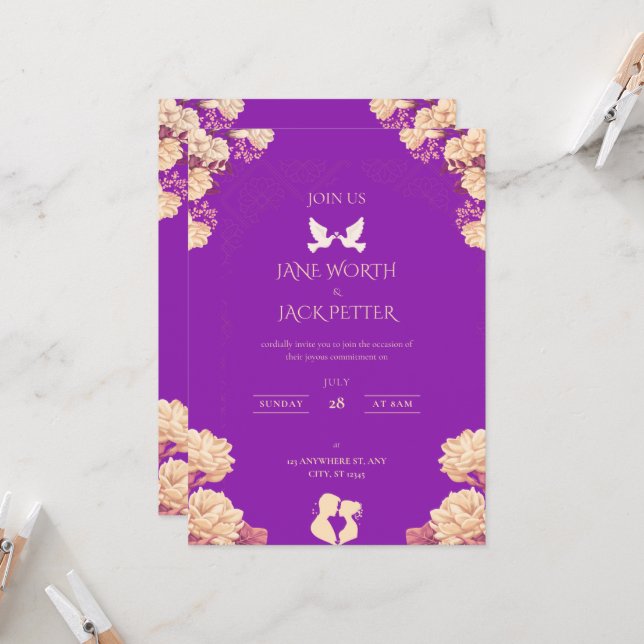 Tarjeta de Invitación de Boda Floral Morada Elegan (Anverso/Reverso In Situ)