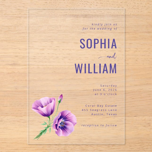 Tarjeta de Invitación de Boda Floral Morada Elegan (Anverso)