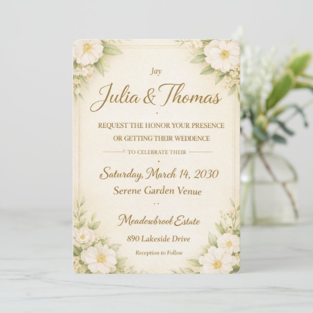 Tarjeta de invitación de boda floral naranja elega (Anverso de pie)