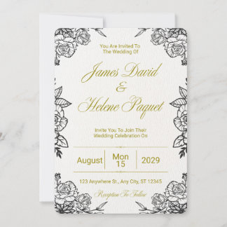 Tarjeta de Invitación de Boda Floral Negra y Dorad