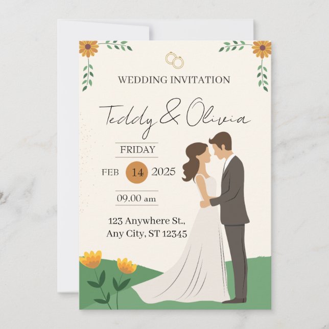 Tarjeta de Invitación de Boda Floral para Pareja I (Anverso)