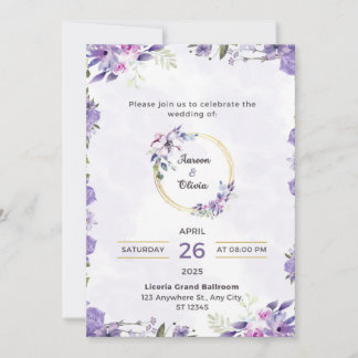 Tarjeta de invitación de boda floral púrpura plana