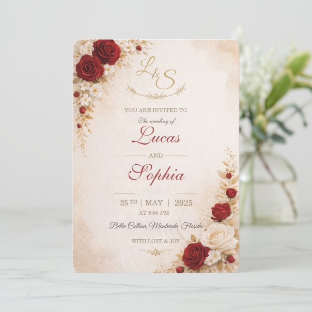 Tarjeta de Invitación de Boda Floral Roja (Anverso de pie)