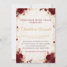 Tarjeta de invitación de boda floral roja borgoña 