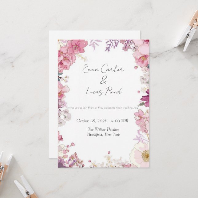 Tarjeta de Invitación de Boda Floral Romántica (Anverso/Reverso In Situ)