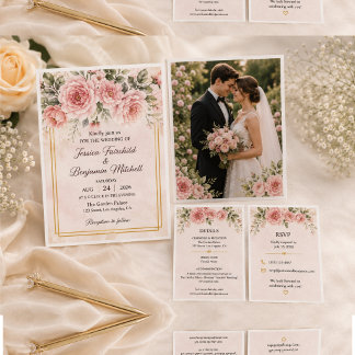 Tarjeta de Invitación de Boda Floral Rosa Elegante
