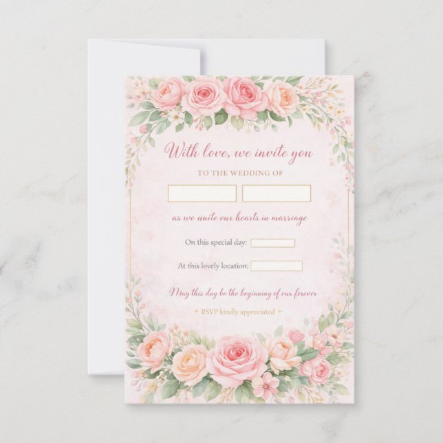 Tarjeta de Invitación de Boda Floral Rosa Elegante (Anverso)