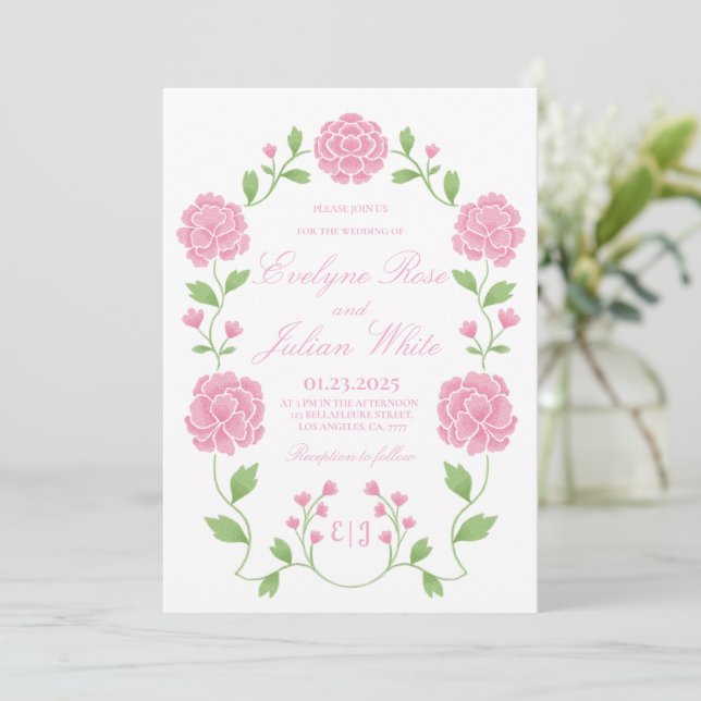 Tarjeta de Invitación de Boda Floral Rosa Romántic (Anverso de pie)