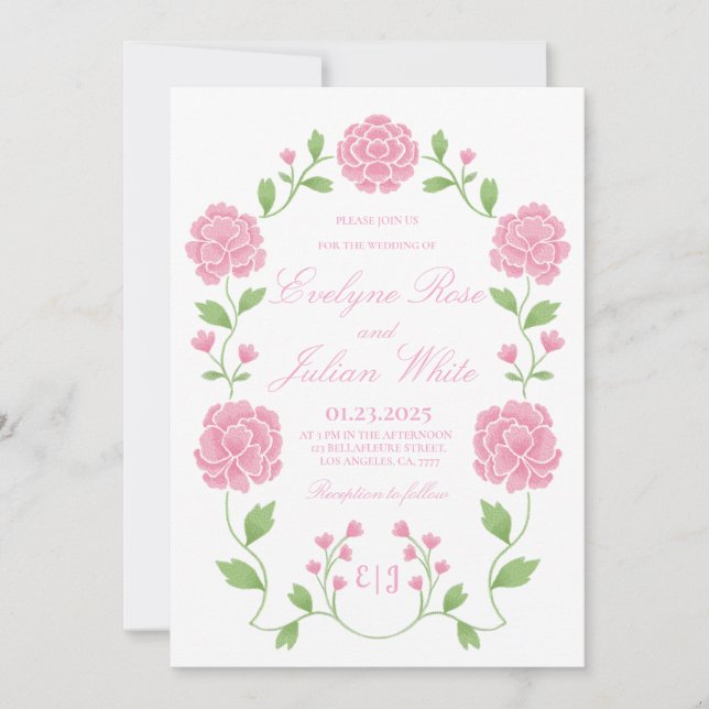 Tarjeta de invitación de boda floral rosa romántic (Anverso)