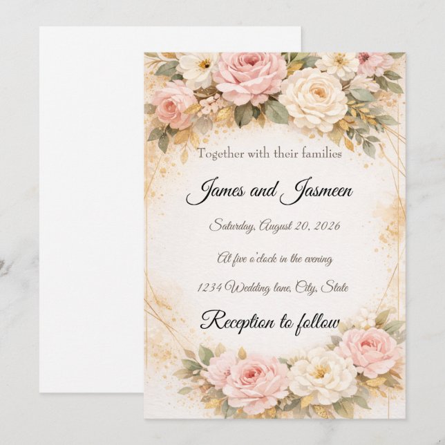 Tarjeta de Invitación de Boda Floral Rosa y Dorado (Anverso / Reverso)