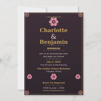Tarjeta de Invitación de Boda Floral — Rosa y Oro 