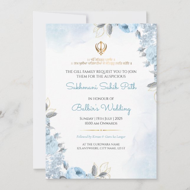 Tarjeta de invitación de boda Floral Sukhmani Sahi (Anverso)