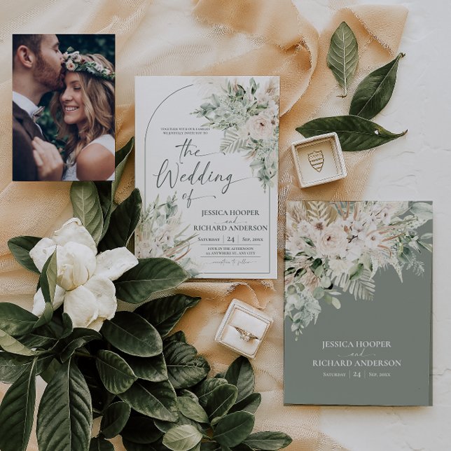 Tarjeta de Invitación de Boda Floral Verde Salvia  (Rustic Sage Green Floral Wedding Invitation Card)