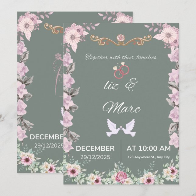 Tarjeta de Invitación de Boda Floral Verde Salvia (Anverso / Reverso)
