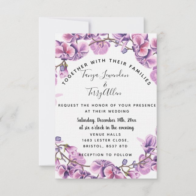 TARJETA DE INVITACIÓN de boda floral violeta viole (Anverso)