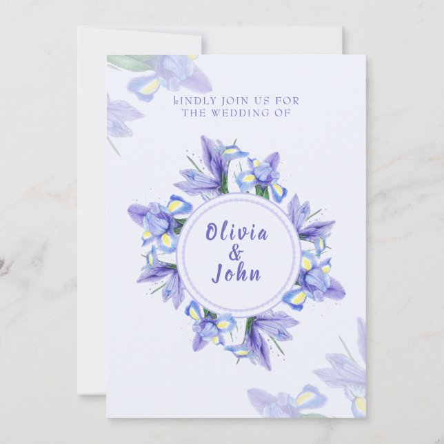 Tarjeta de invitación de boda flores de Iris púrpu (Reverso)